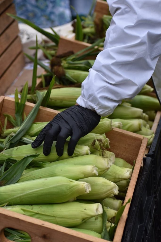 A gloved hand selecting corn at an outdoor market filled with fresh produce.
